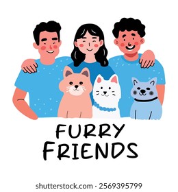 Flat sticker of people posing with their adorable furry friends