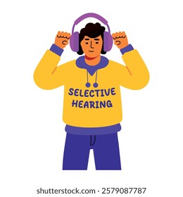 A flat sticker of a person listening music with selective hearing typography 