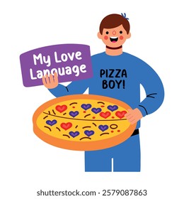 A flat sticker of a pizza boy holding a board written my love language on it