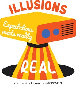 A flat sticker of a projector with illusions real typography