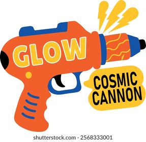 A flat sticker of ray gun with cosmic cannon typography