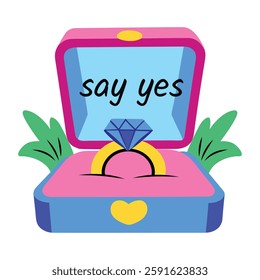 A flat sticker of ring box with say yes typography