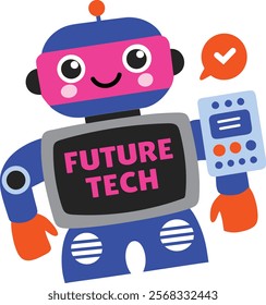 A flat sticker of a robot with future tech typography