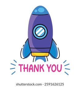 A flat sticker of a rocket with thank you typography