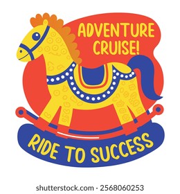 A flat sticker of a rocking horse with adventure cruise typography