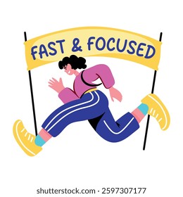 Flat sticker of a running student with fast and focused typography 