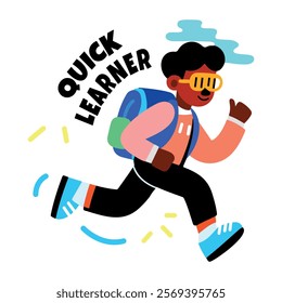 A flat sticker of a running student with quick learner typography 