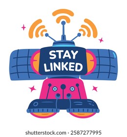 A flat sticker of satellite signals with stay link text
