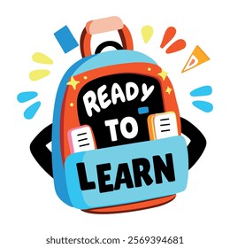 A flat sticker of a school bag with ready to learn typography 