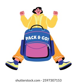 A flat sticker of a school student with a bag written pack and go 