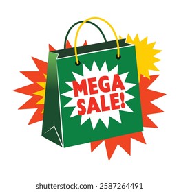 A flat sticker of a shopping bag with mega sale typography 
