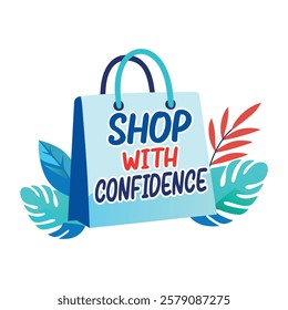 Flat sticker of a shopping bag with the text shop with confidence 