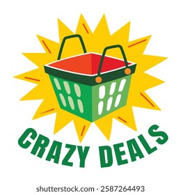 A flat sticker of shopping basket with crazy deals typography 
