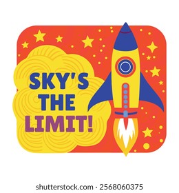 Flat sticker showcasing a rocket with sky limit typography
