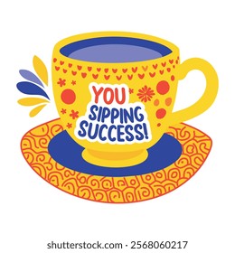 Flat sticker showcasing a teacup with success typography