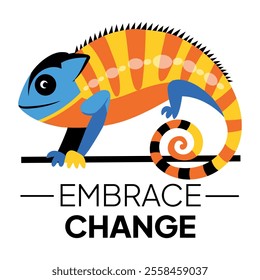 A flat sticker showing chameleon with embrace change text

