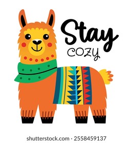 Flat sticker showing llama with stay cozy text 

