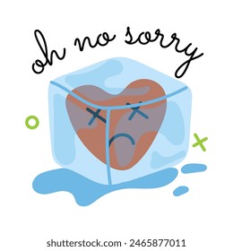 A flat sticker showing melting ice block with sorry typography 