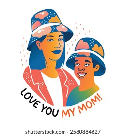 A flat sticker showing mom love towards her son 

