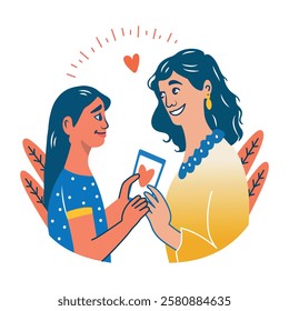 A flat sticker showing mother bonding to her daughter 
