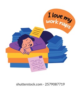 A flat sticker of a sleeping character on a table with work naps typography 