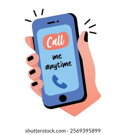 Flat sticker of a smartphone with the text call me anytime displayed on the screen