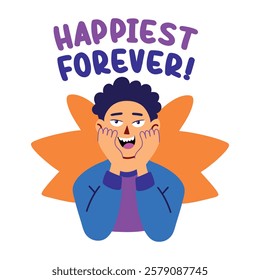 A flat sticker of smiling character with happiest forever typography