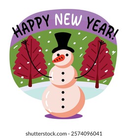 A flat sticker of a snowman saying happy new year