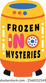 A flat sticker of space capsule with frozen mysteries typography