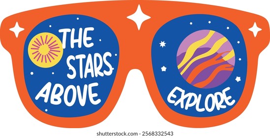 A flat sticker of space glasses with planet and stars