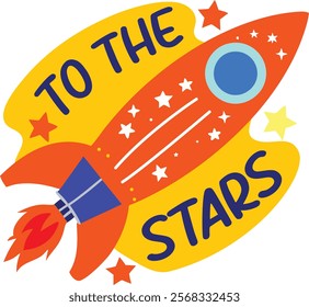 A flat sticker of space rocket with to the stars typography