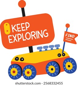 A flat sticker of space rover with keep exploring typography