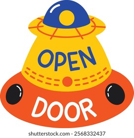 A flat sticker of a spacecraft with open door typography