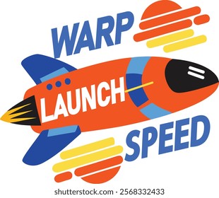 A flat sticker of spacecraft with warp speed typography