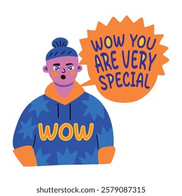 A flat sticker of a special person with wow typography