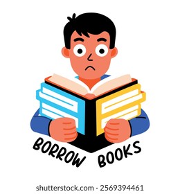 A flat sticker of a student with borrow books typography 