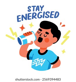 A flat sticker of a student drinking soda can with stay energised typography 