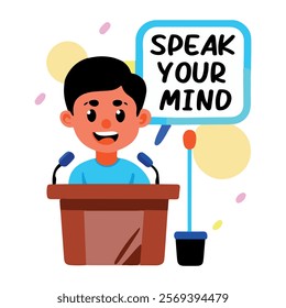 A flat sticker of a student giving speech on a dias with speak your mind typography 