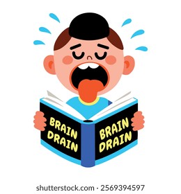 A flat sticker of a student holding a book and brain drain written on its cover 
