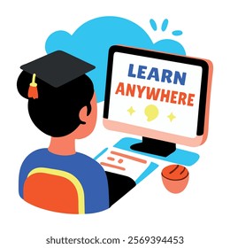 A flat sticker of a student taking online class with learn anywhere typography 