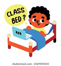 A flat sticker of a student taking online class on a bed