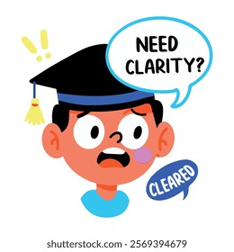 A flat sticker of a student wearing graduation cap saying need clarity 