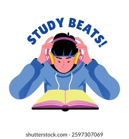 Flat sticker of a student wearing headphones with study beats typography 