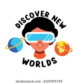 A flat sticker of a student wearing vr technology glasses with discover new worlds typography 