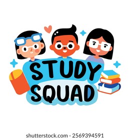 A flat sticker of students with study squad text 