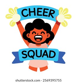 A flat sticker of supporting character with cheers squad typography 