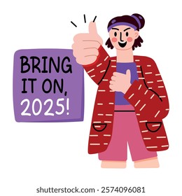 A flat sticker of thumbs up character with bring it on 2025 typography