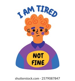 A flat sticker of a tired man with not fine typography 