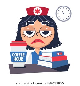 A flat sticker of a tired nurse with coffee hour typography 