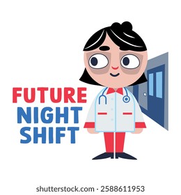 A flat sticker of tired nurse with future night shift typography 